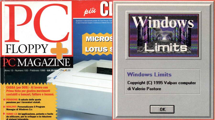 The February 1996 cover of PC Floppy + PC Magazine and the Windows Limits splash screen